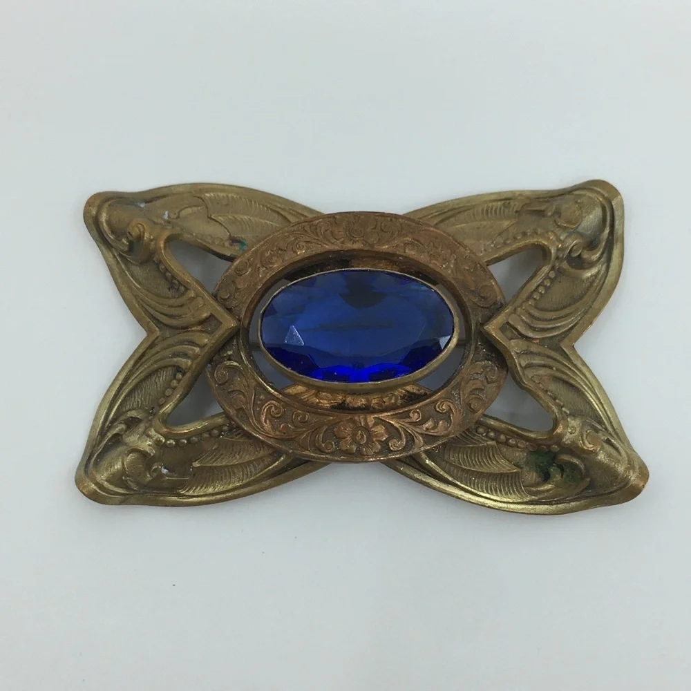 Antique Victorian Brass Bronze Blue Glass Brooch Pin Old Estate Costume Jewelry